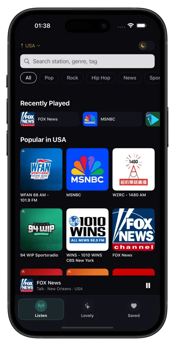 Live Radio app on iPhone — browse and play 50,000+ live radio stations