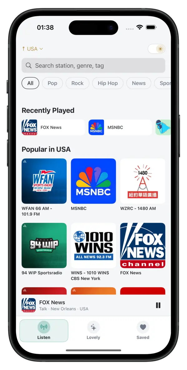 Favorites screen — save radio stations for instant one-tap access
