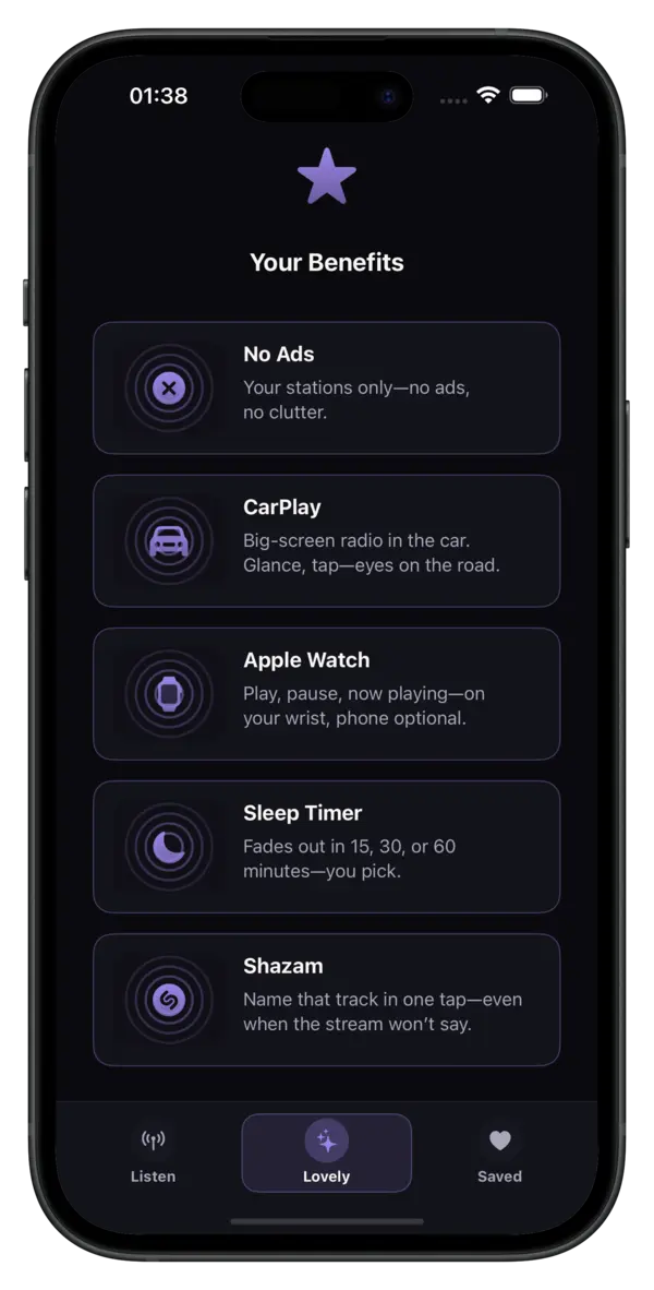 Now Playing screen with live ICY metadata and Shazam